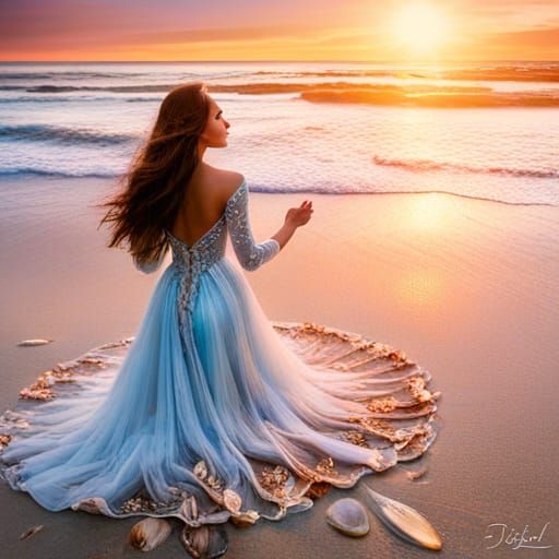 Iridescent Gown on a Turquoise Beach at Sunset