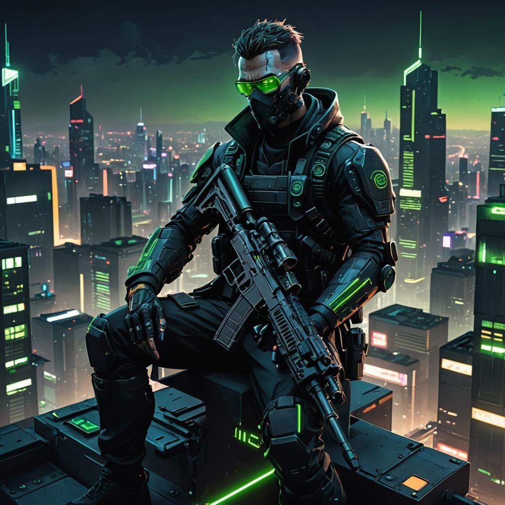Cyberpunk Sniper on Skyscraper Rooftop at Night