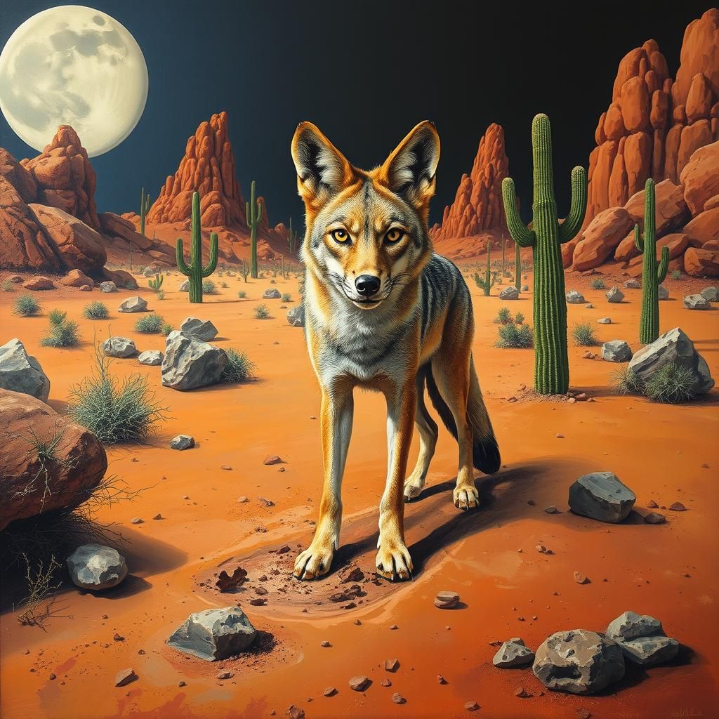 Surreal Coyote in Melting Desert Landscape, Oil on Canvas