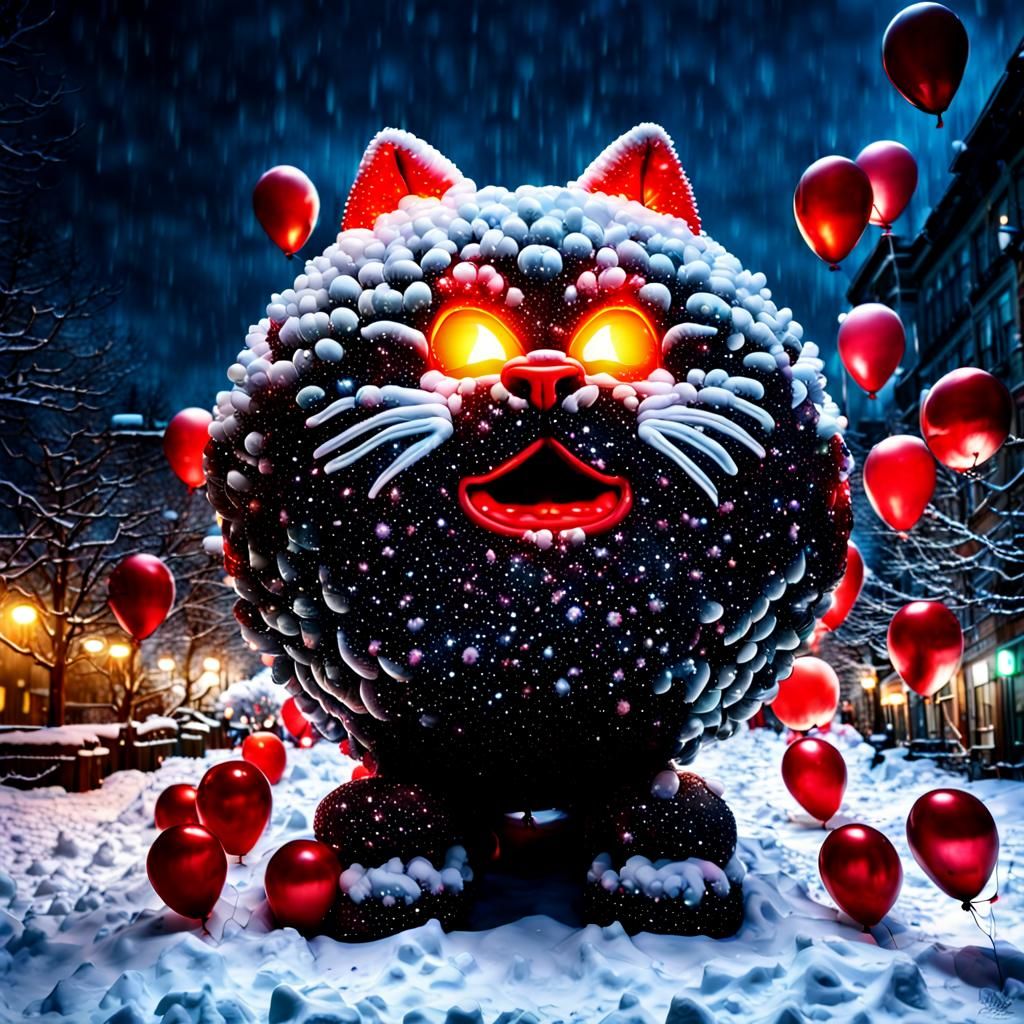Hyperrealistic Angry Balloon Cat in Snowy Landscape