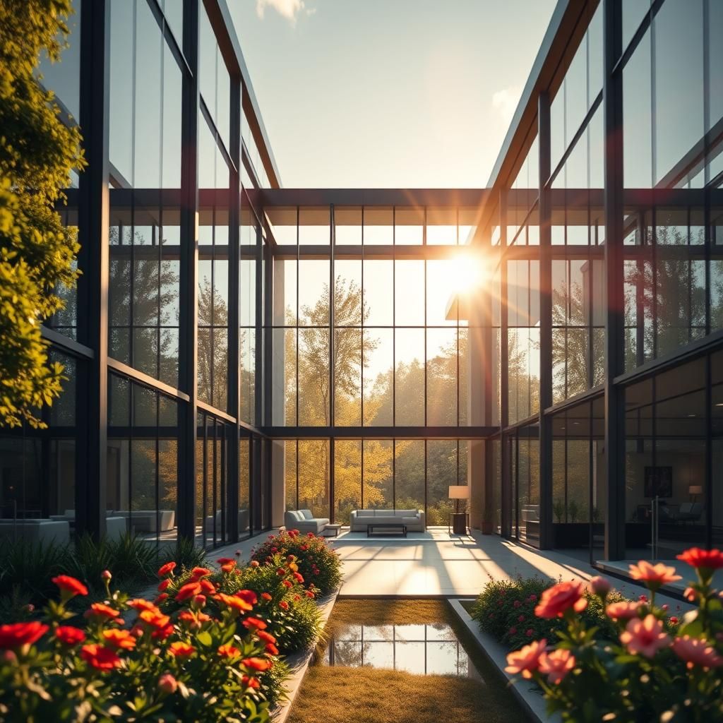 Modern Glass House with Lush Greenery