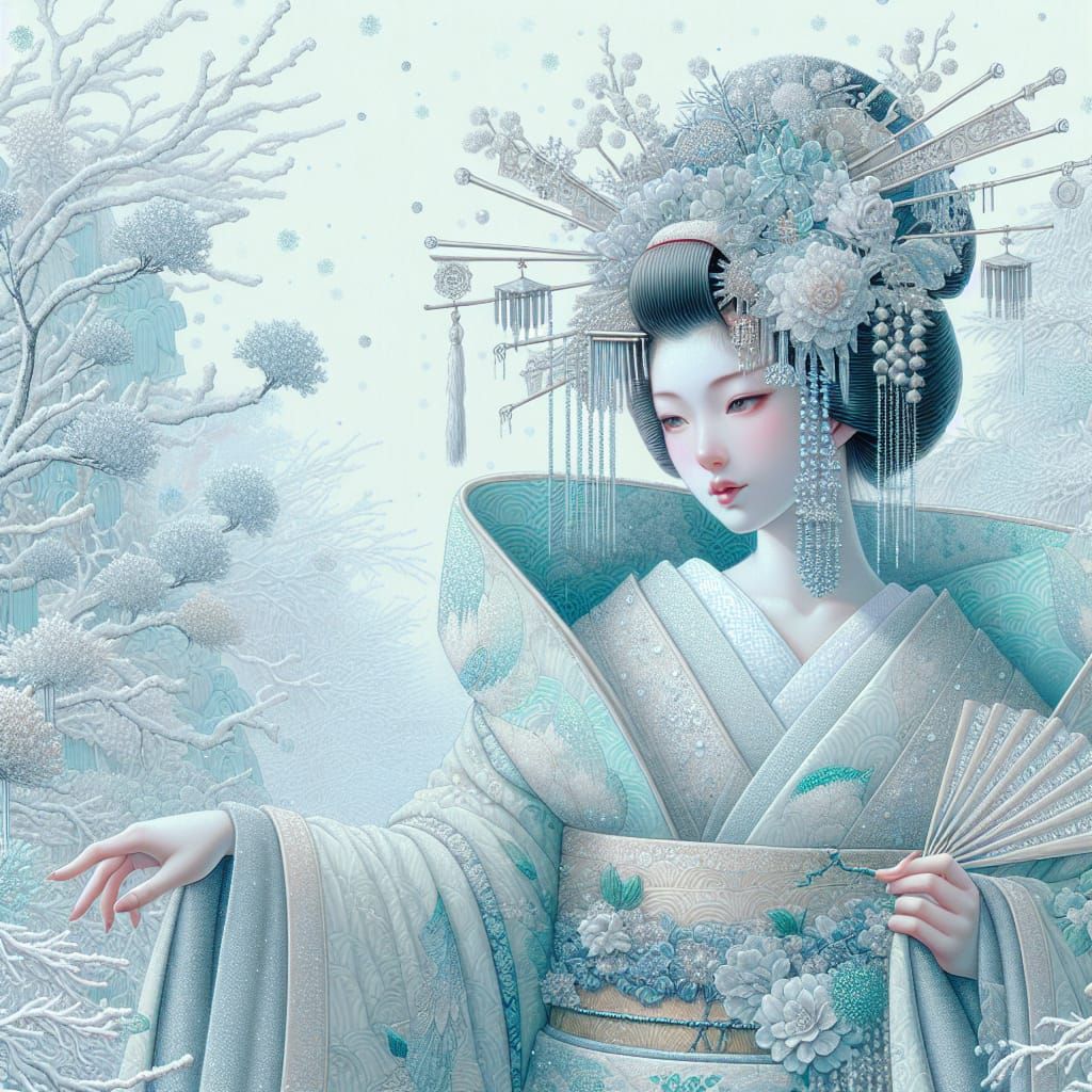Winter Geisha in Woodblock Print Style