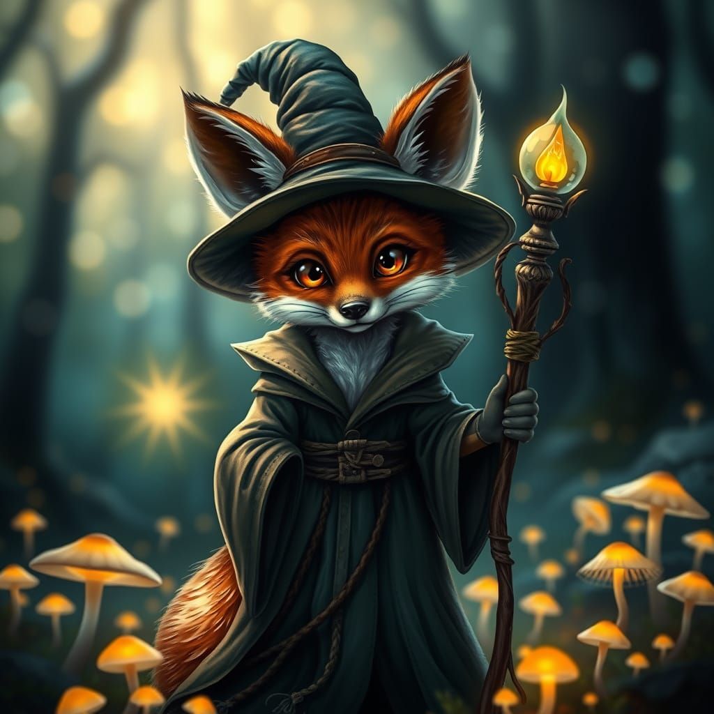 A captivating cinematic illustration of a charming, big-eyed wizard fox standing amidst a radiant forest of glowing mush...