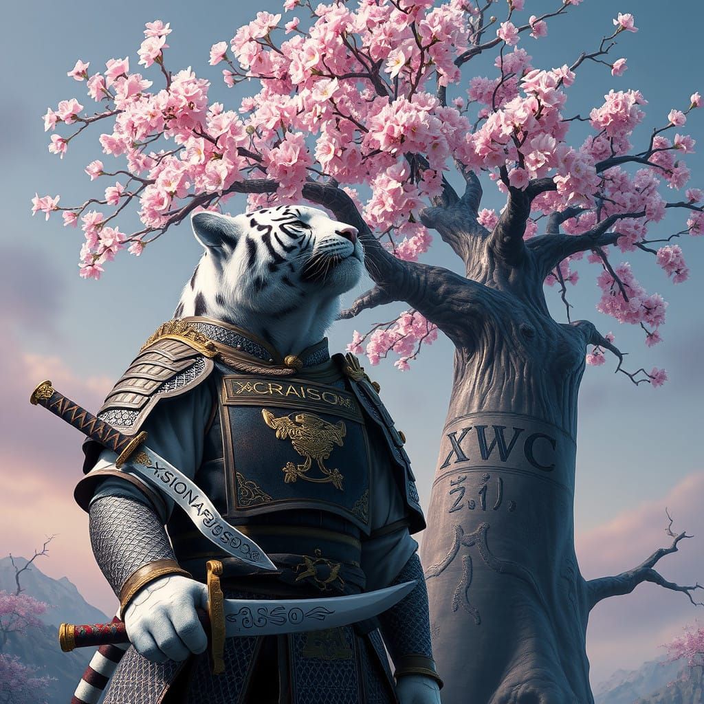 Majestic Samurai White Tiger Admires Cherry Blossom Tree wit...