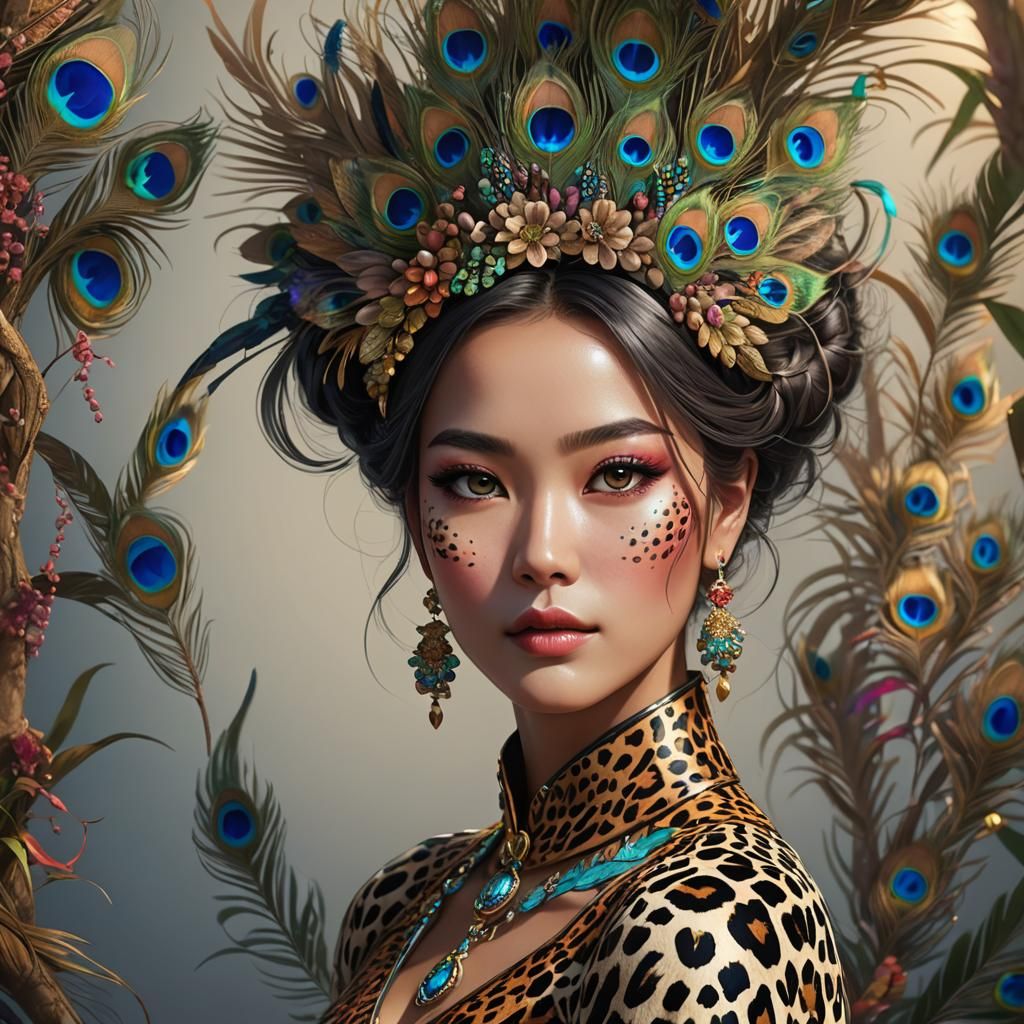 Leopard Print Asian Woman with Peacock Feathers