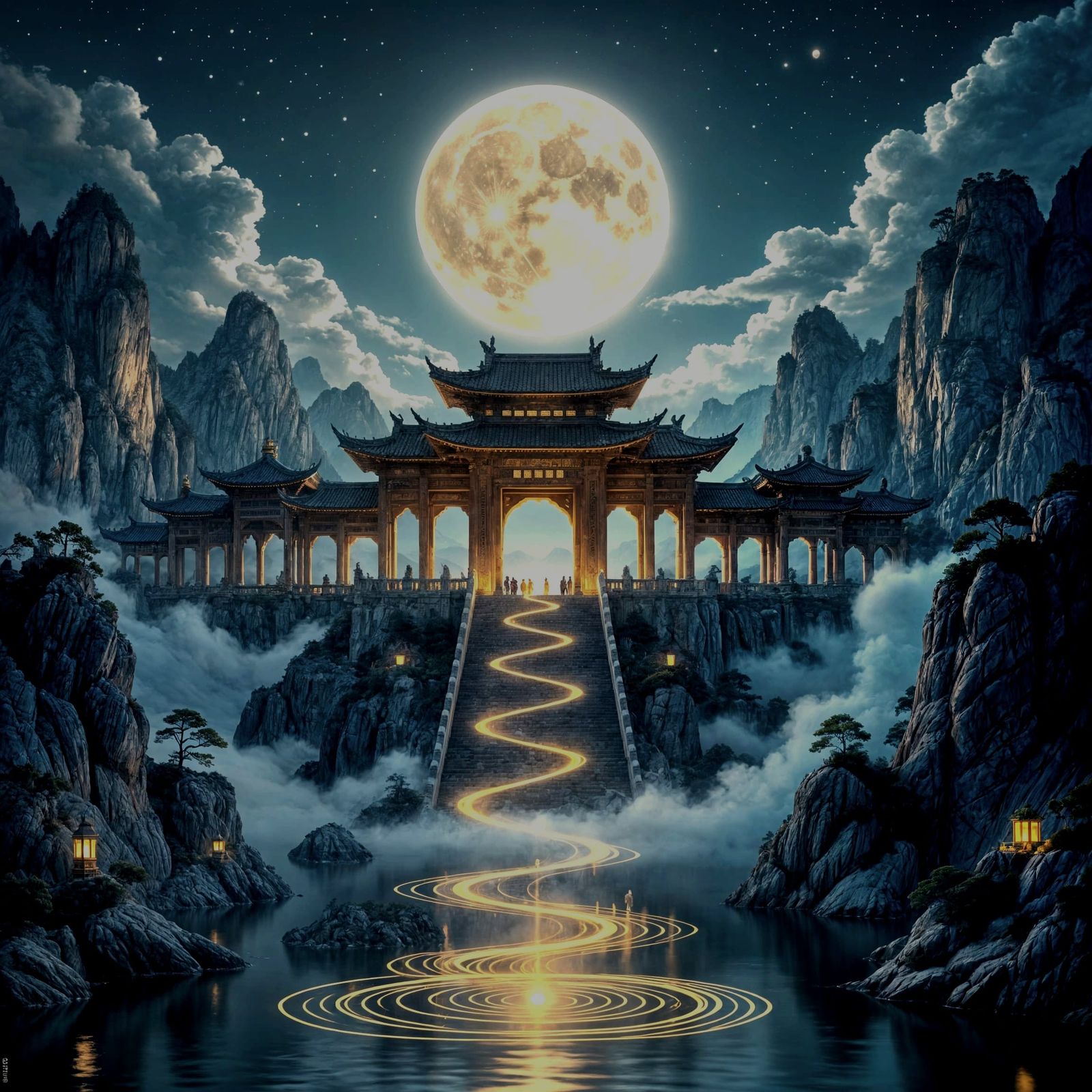 Ancient Chinese Temple Under Full Moon