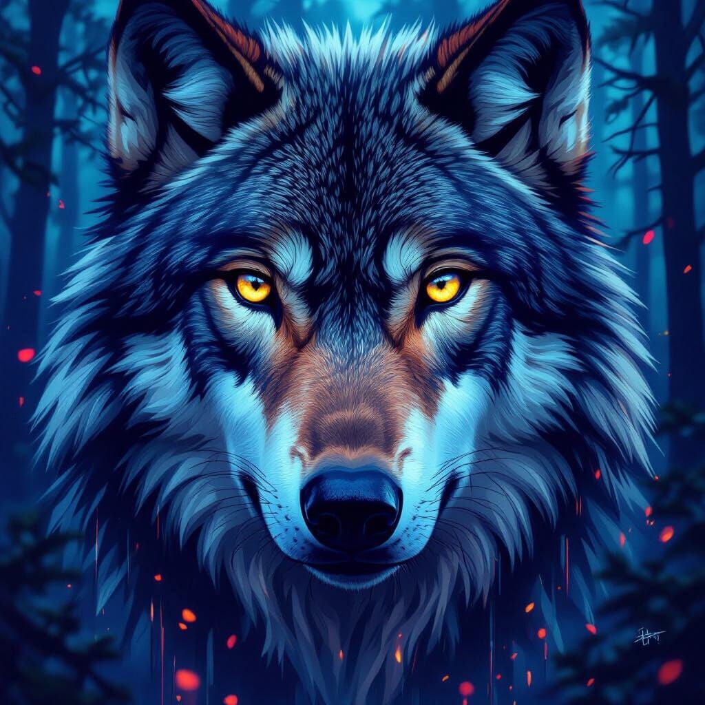 Wolf Face Close-up with Forest Reflections