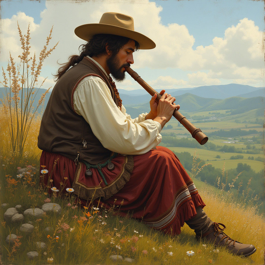 Serbian Shepherd Flute Player in Impressionist Landscape