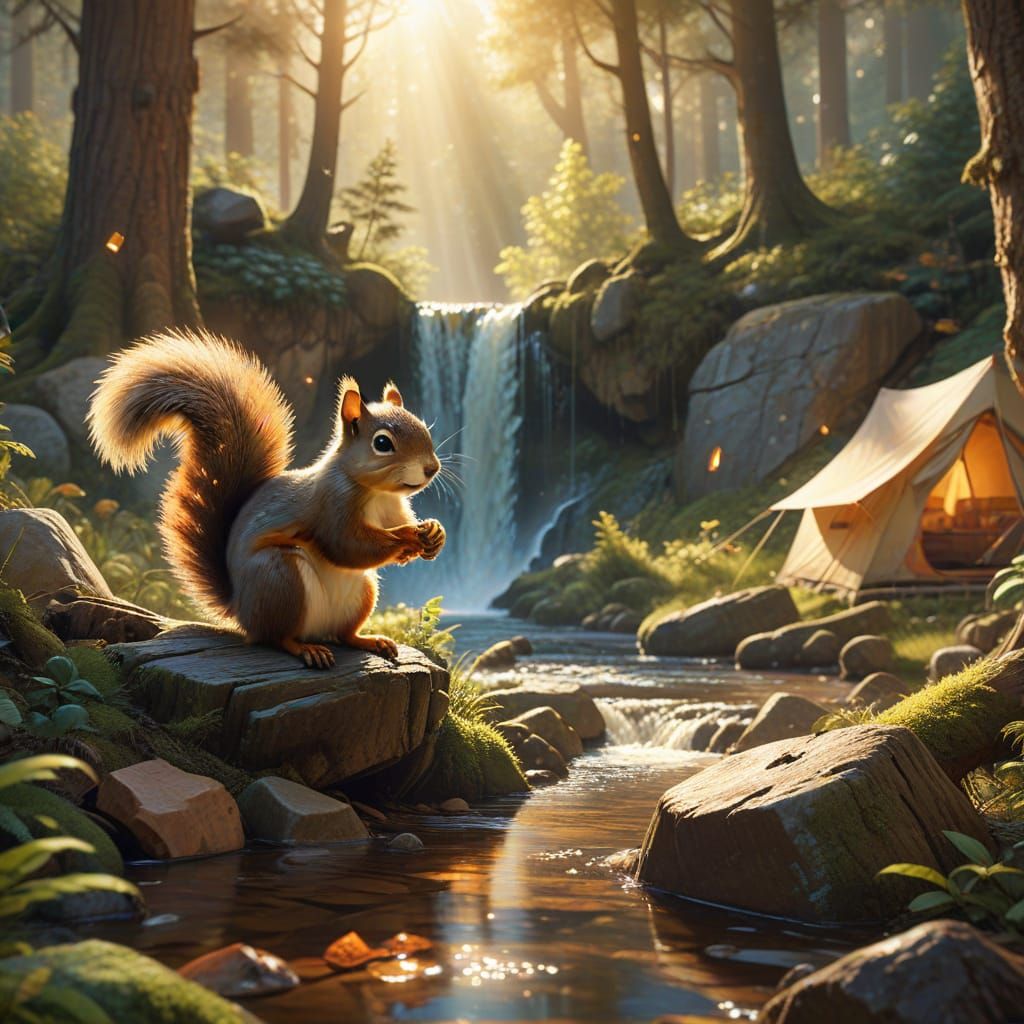 Squirrel Mischief at Forest Campsite: Whimsical Concept Art