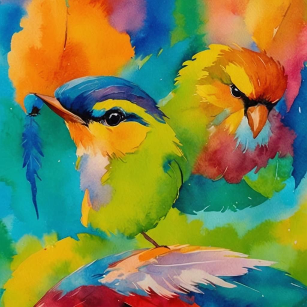 Whimsical Birds in Tree: Watercolor Impressionist Style