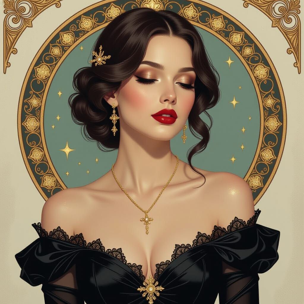 Elegant Woman in Gothic Gown, Art Nouveau Style