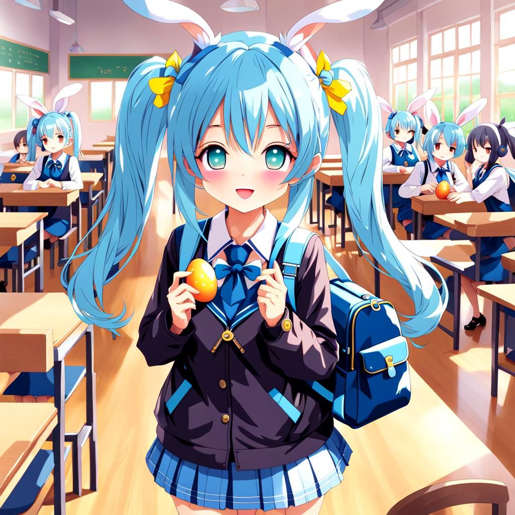 Anime Schoolgirl with Rabbit Ears and Easter Egg