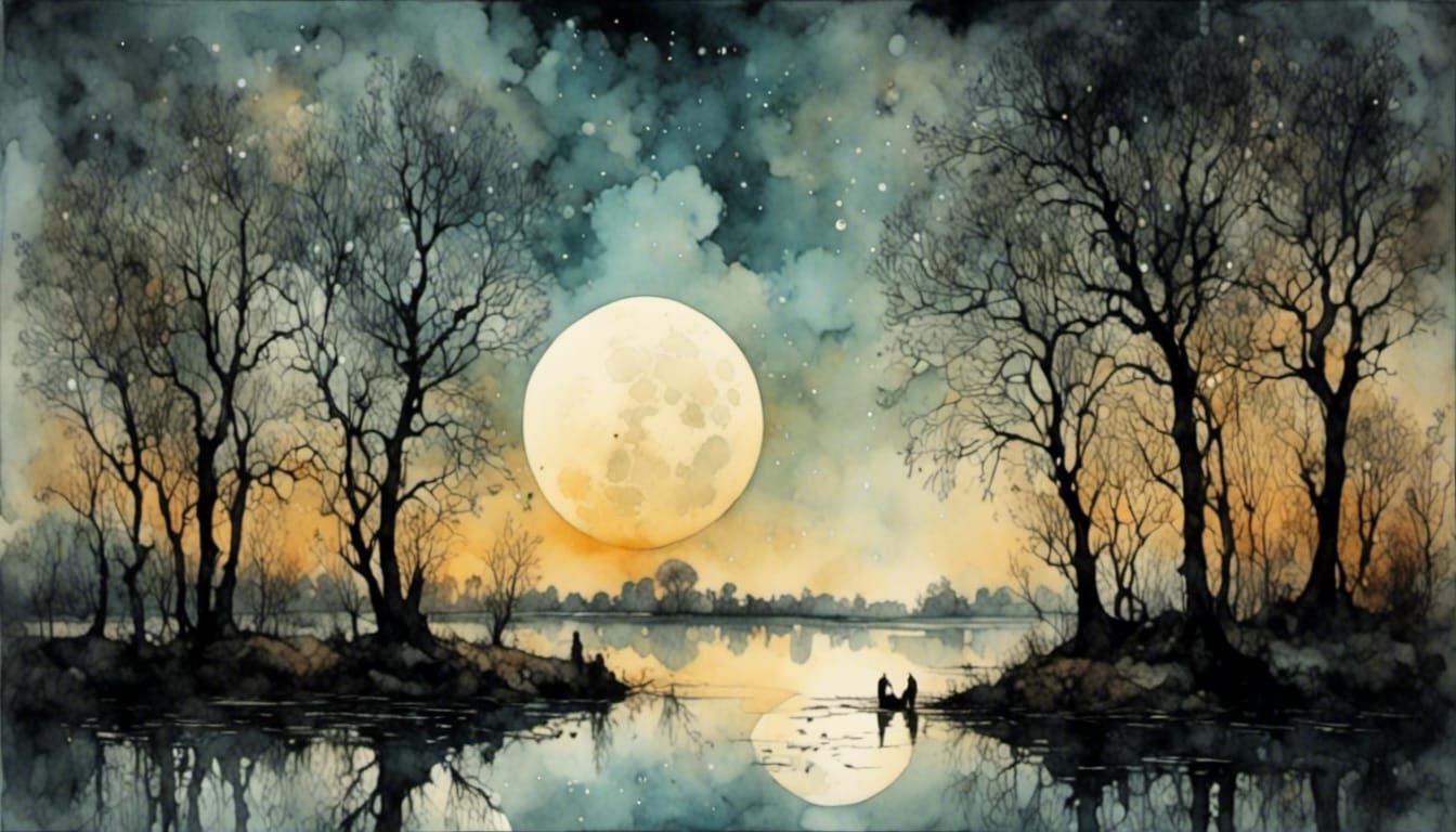 Lovers Silhouetted by Moonlit Lake in Ink Painting