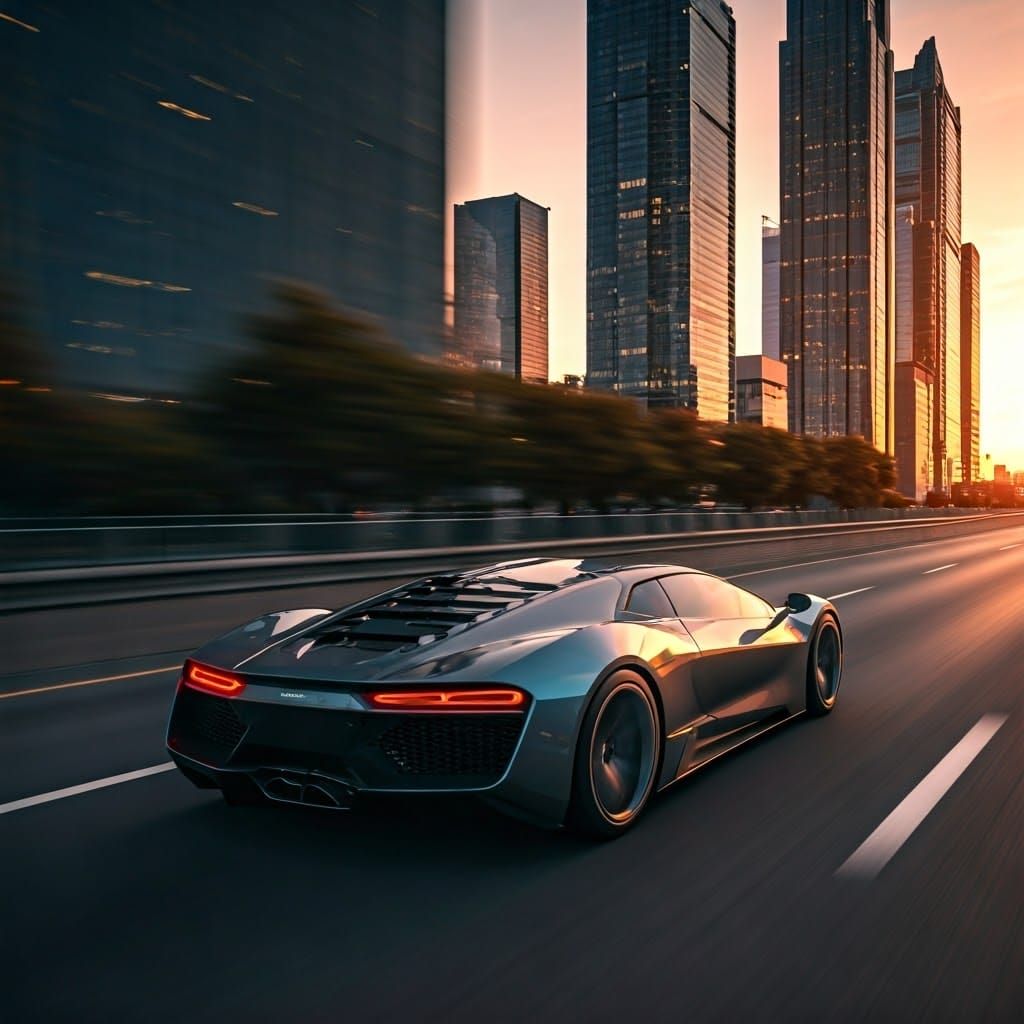Futuristic Sports Car Speeds Through City at Dusk