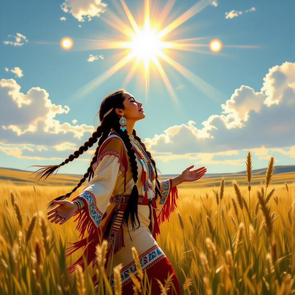 Native American Woman Honors Sun Dogs in Painterly Style