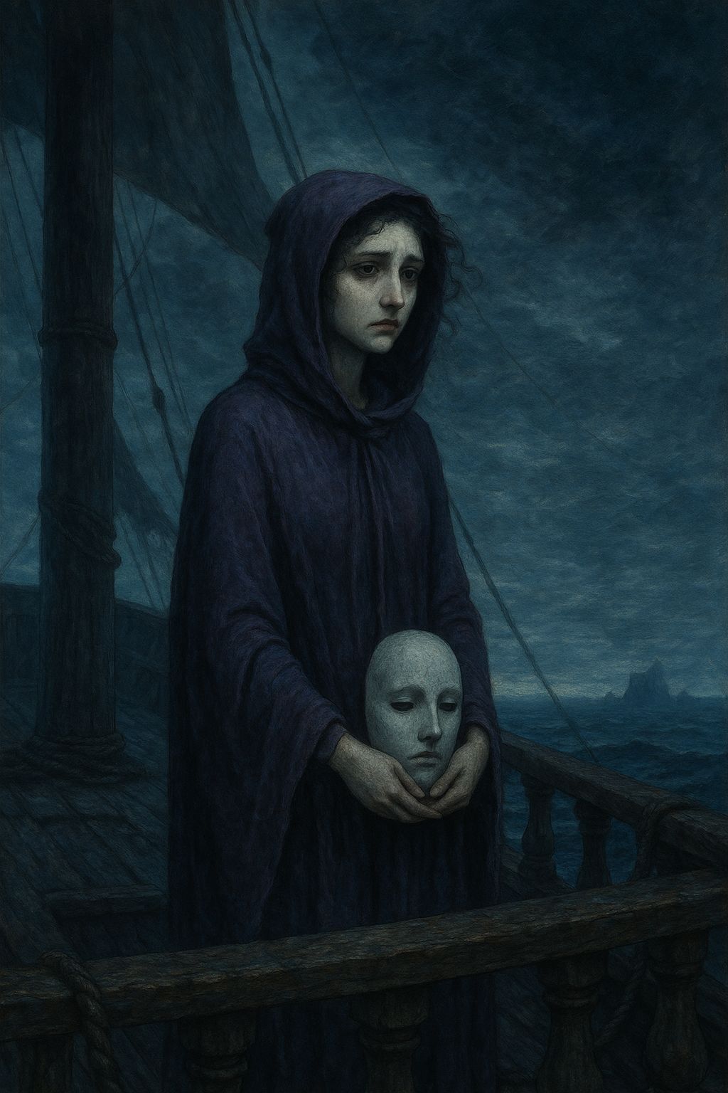 Mournful Woman on Ship: Dark Fantasy Art