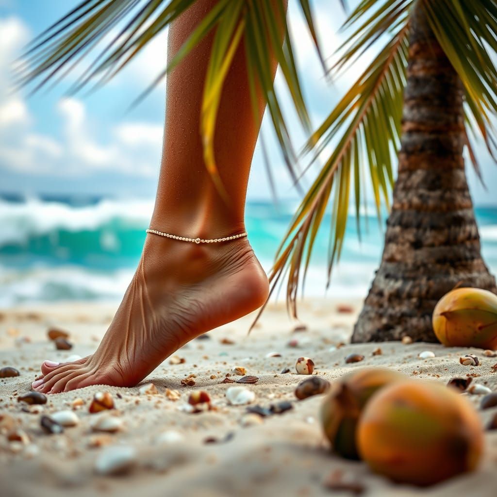 Sun-Kissed Feet on Beach with Palm Tree and Coconuts