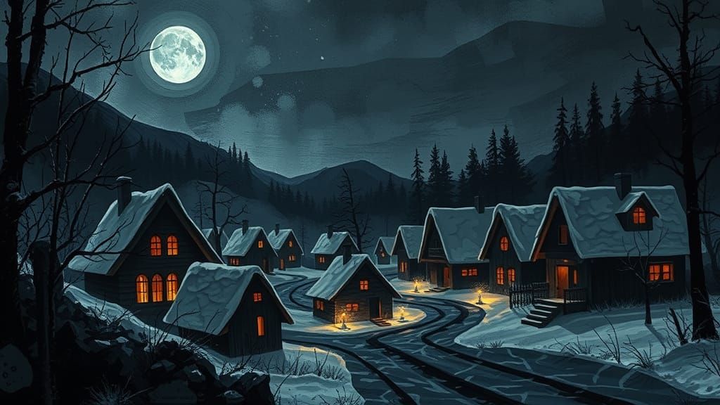 Eerie Winter Village in Expressionist Collage Style