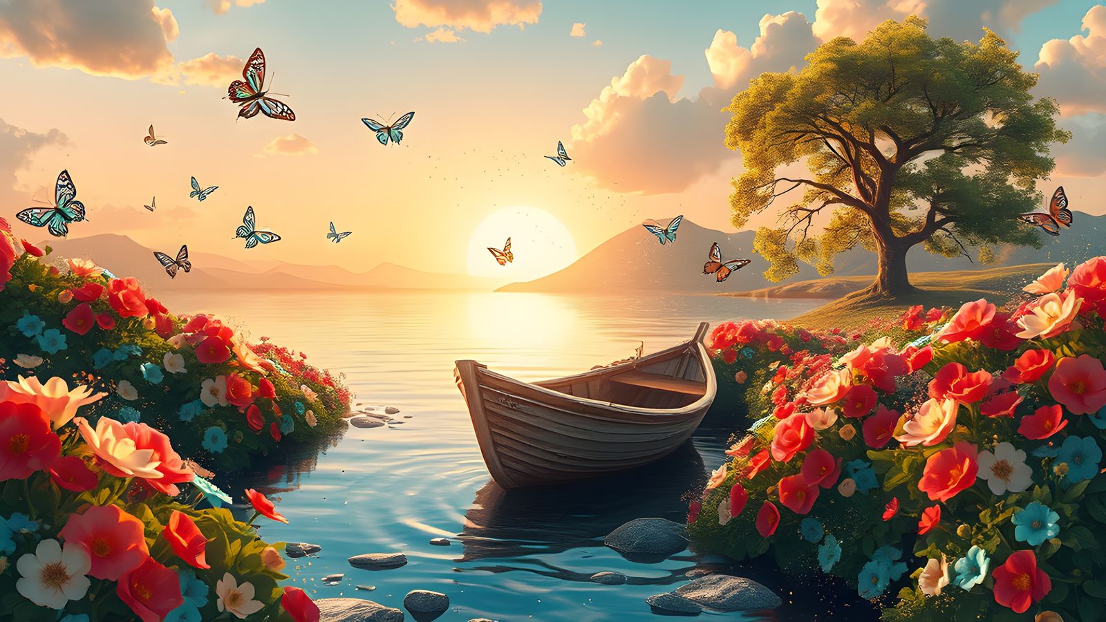 Magical 3D Scene with Blooming Flowers and Boat