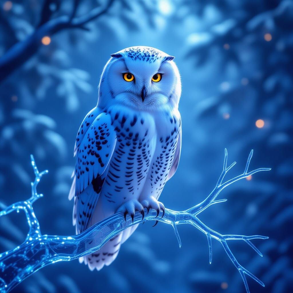 Snowy Owl in Bioluminescent Forest, Unreal Engine 5 Style