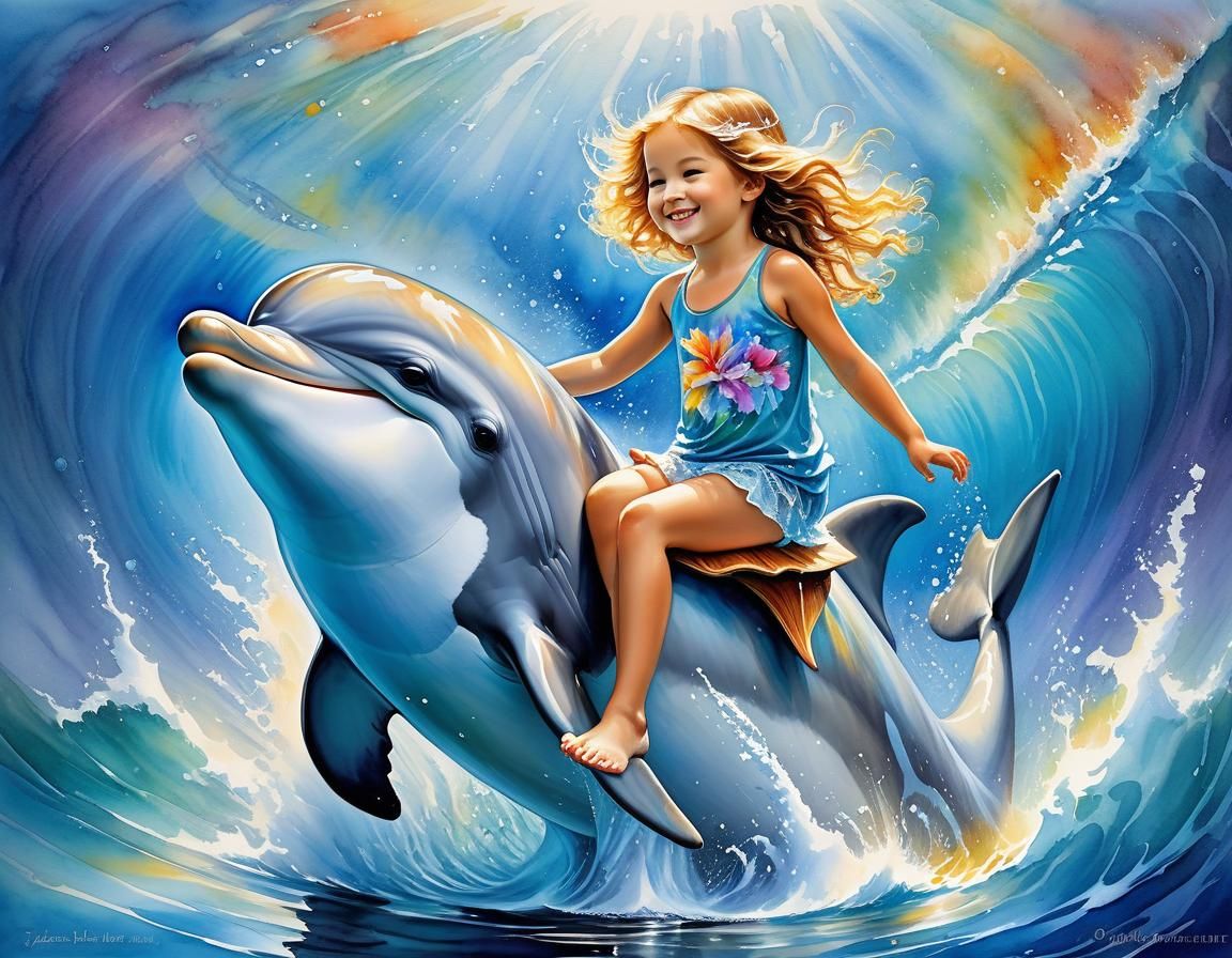 Adorable little girl riding dolphin