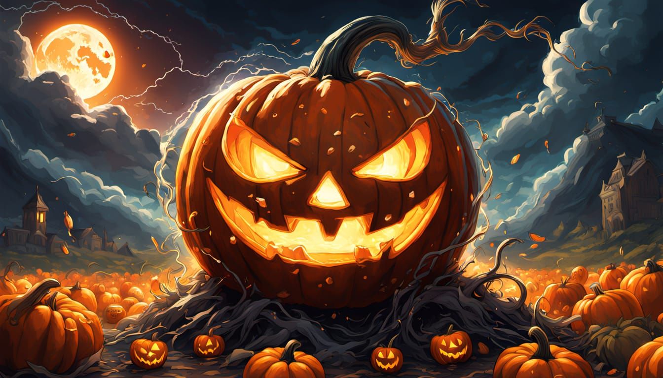 Colossal Jack-o'-Lantern Weeps Caramel in Comic Art Style