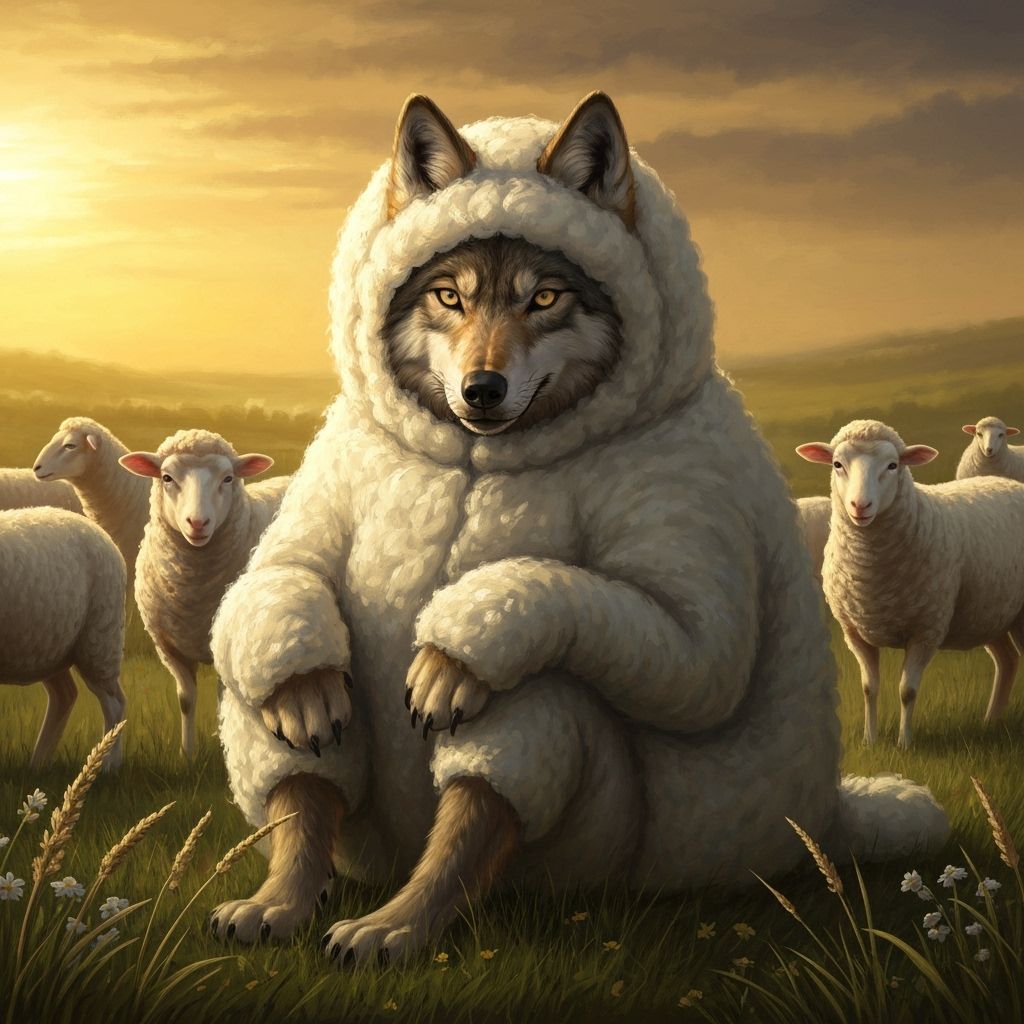 Wolf in Sheep Costume in Meadow at Sunset