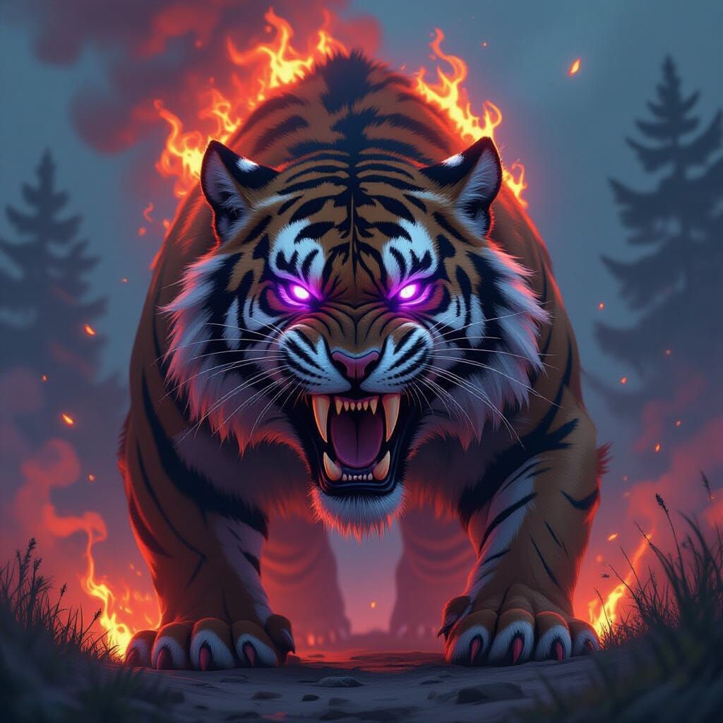 Massive Saber-Toothed Tiger with Fiery Fur