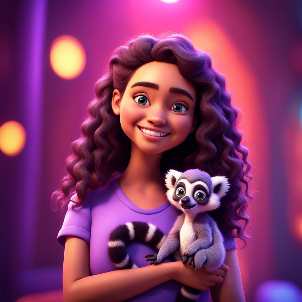Girl Holding Lemur in Vibrant 3D Digital Art