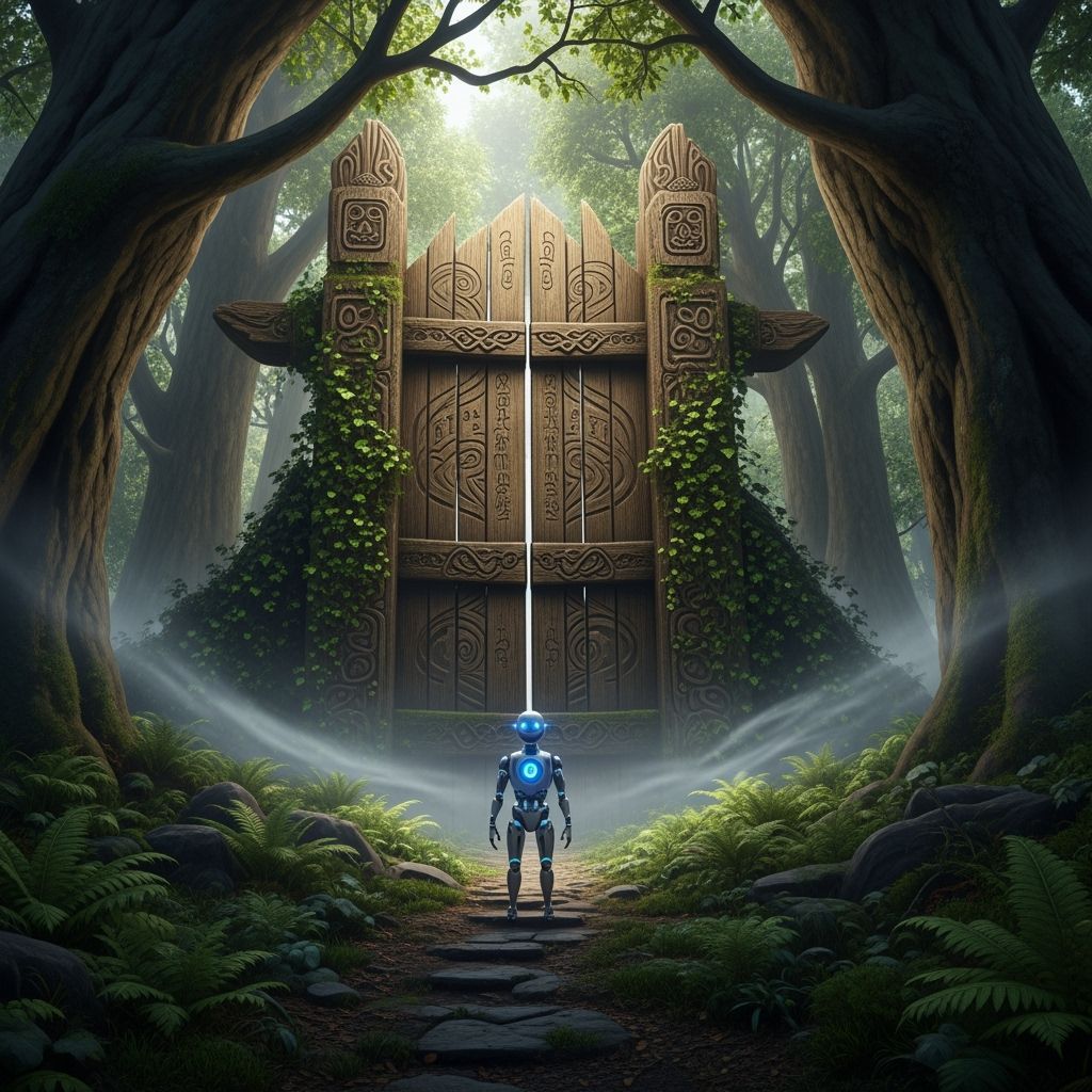 futuristic robot in in an ancient, prehistoric forest