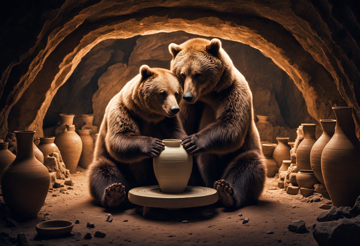 Romantic Bears Crafting Pottery in a Cave