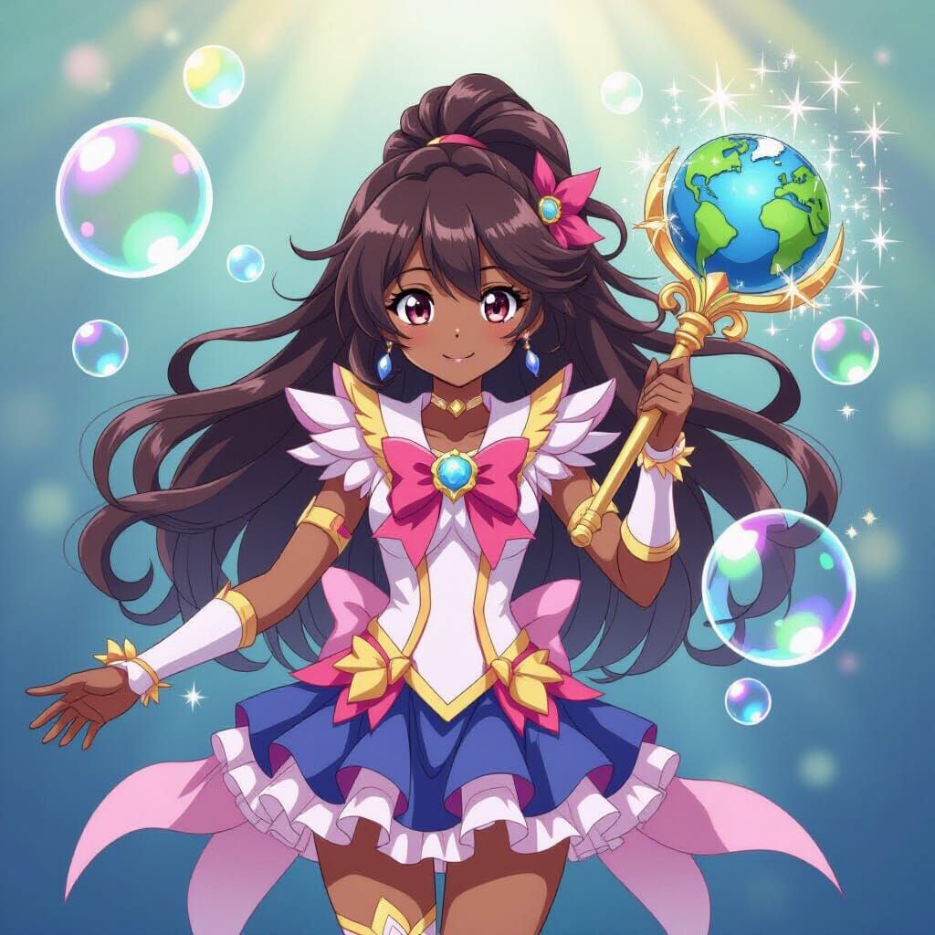 Anime Magical Girl with Earth Staff Surrounded by Bubbles