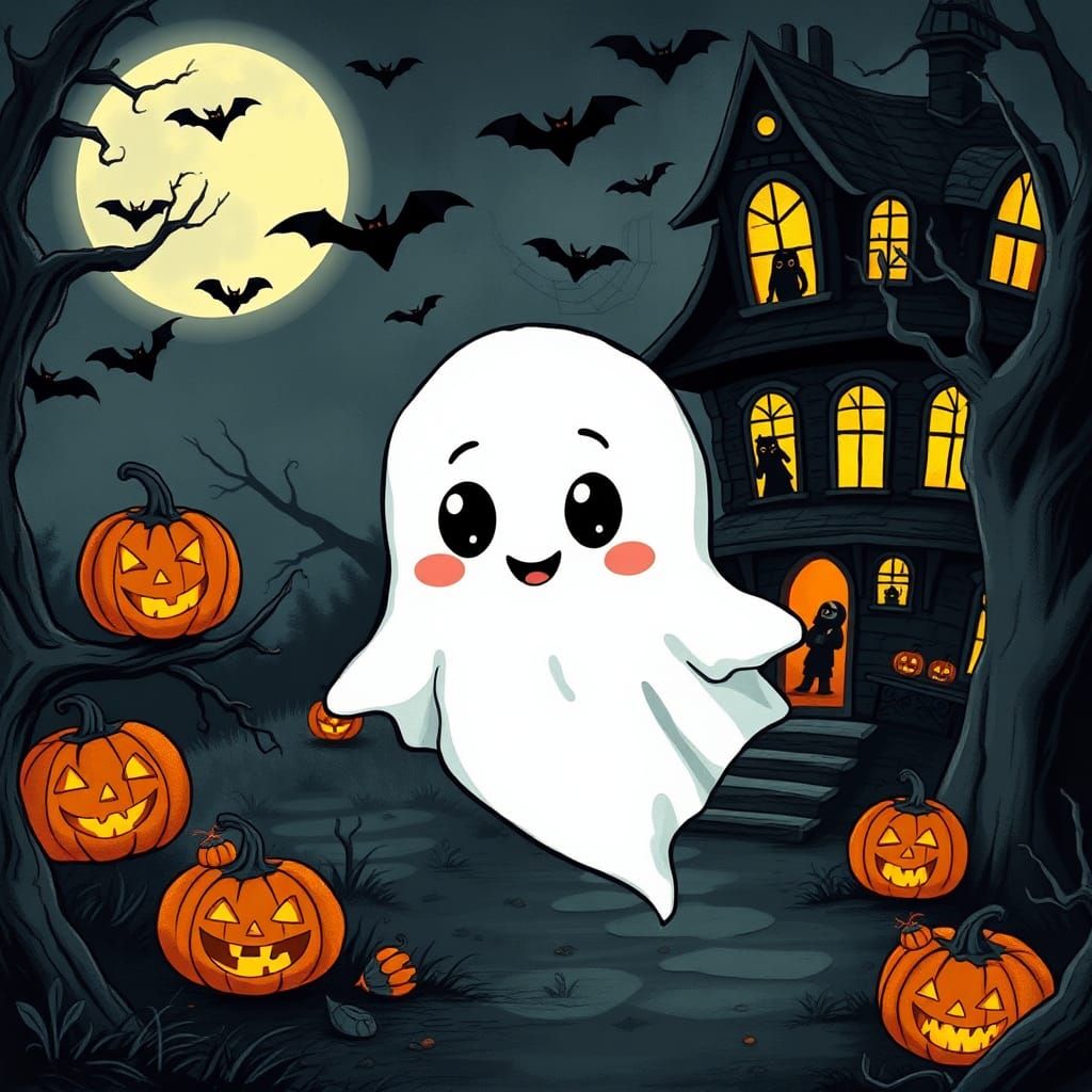 Adorable Chibi Ghost in Spooky Whimsical Setting
