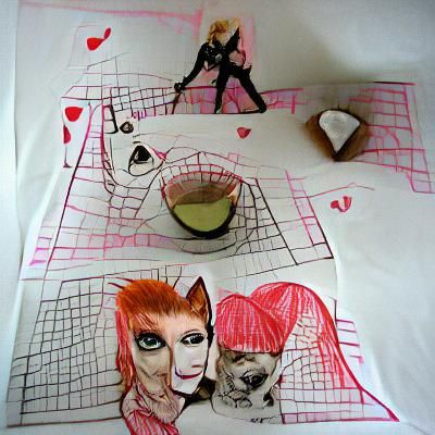 Valentine Tea Cats Murder: Mixed Media Geometric Ink