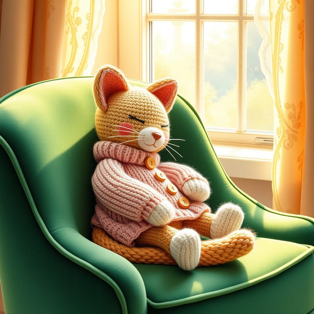 Amigurumi Cat in Velvet Armchair, Watercolor Style
