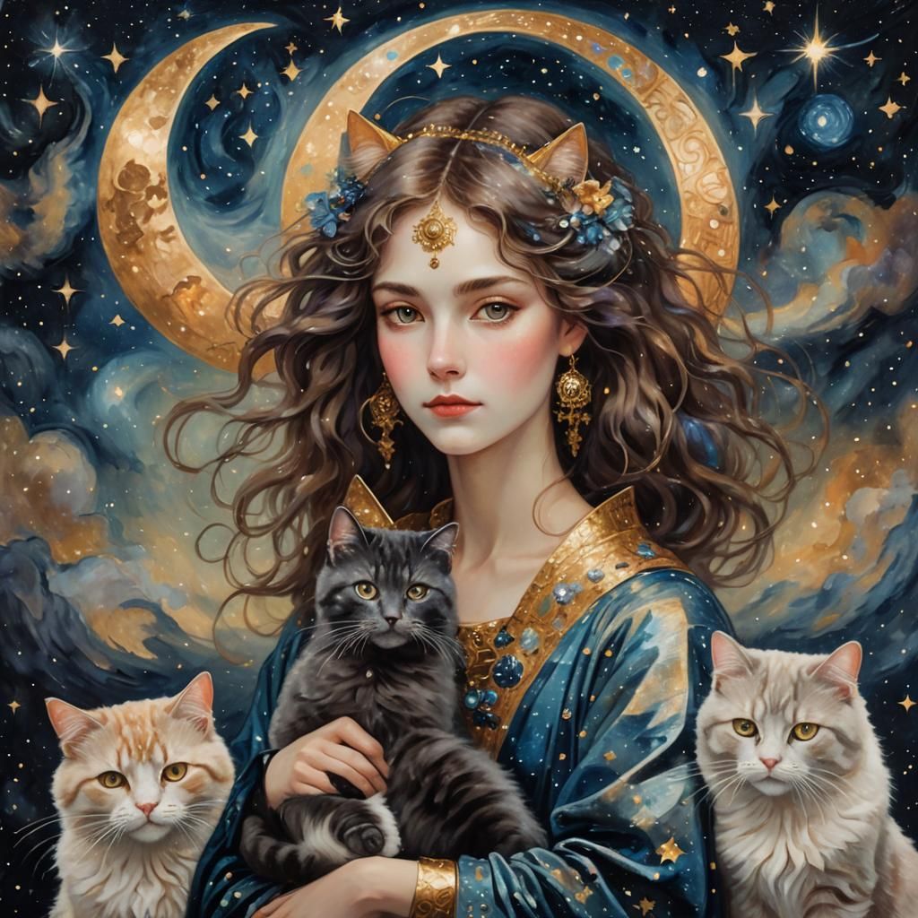 Pleiades Woman with Cats in Klimt Golden Style