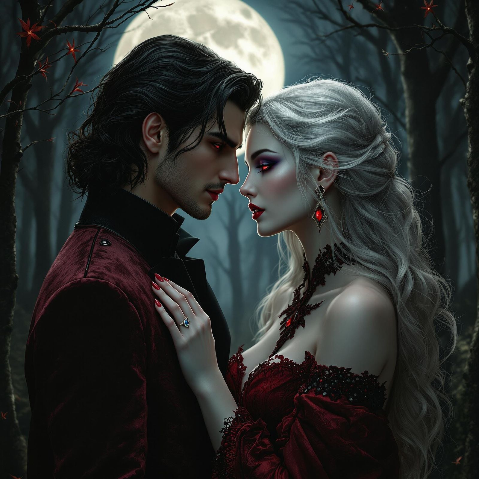 Photorealistic picture of a male and female vampire in love ...