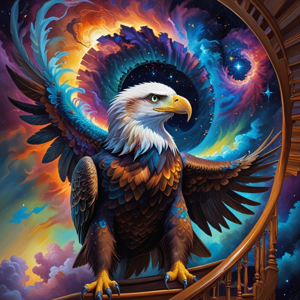 Surreal Eagle Laughs Atop Nebula Staircase in Oil Painting