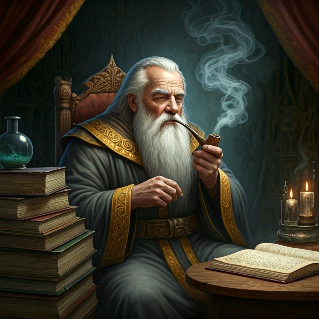 Mystical Wizard Smoking Pipe in Dreamlike Fantasy Style