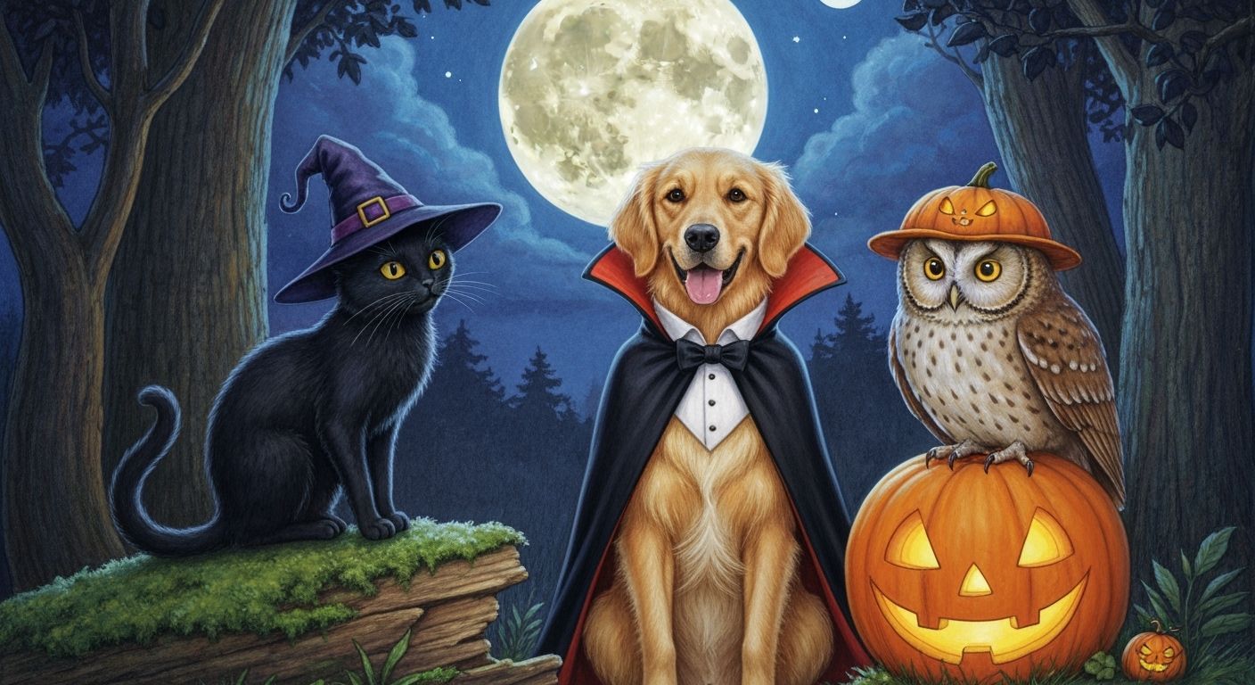 Forest Animals in Magical Halloween Costumes Under Full Moon
