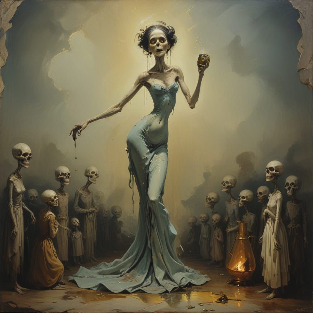 Eerie Oil Painting of a Witch Pouring Macabre Liquid