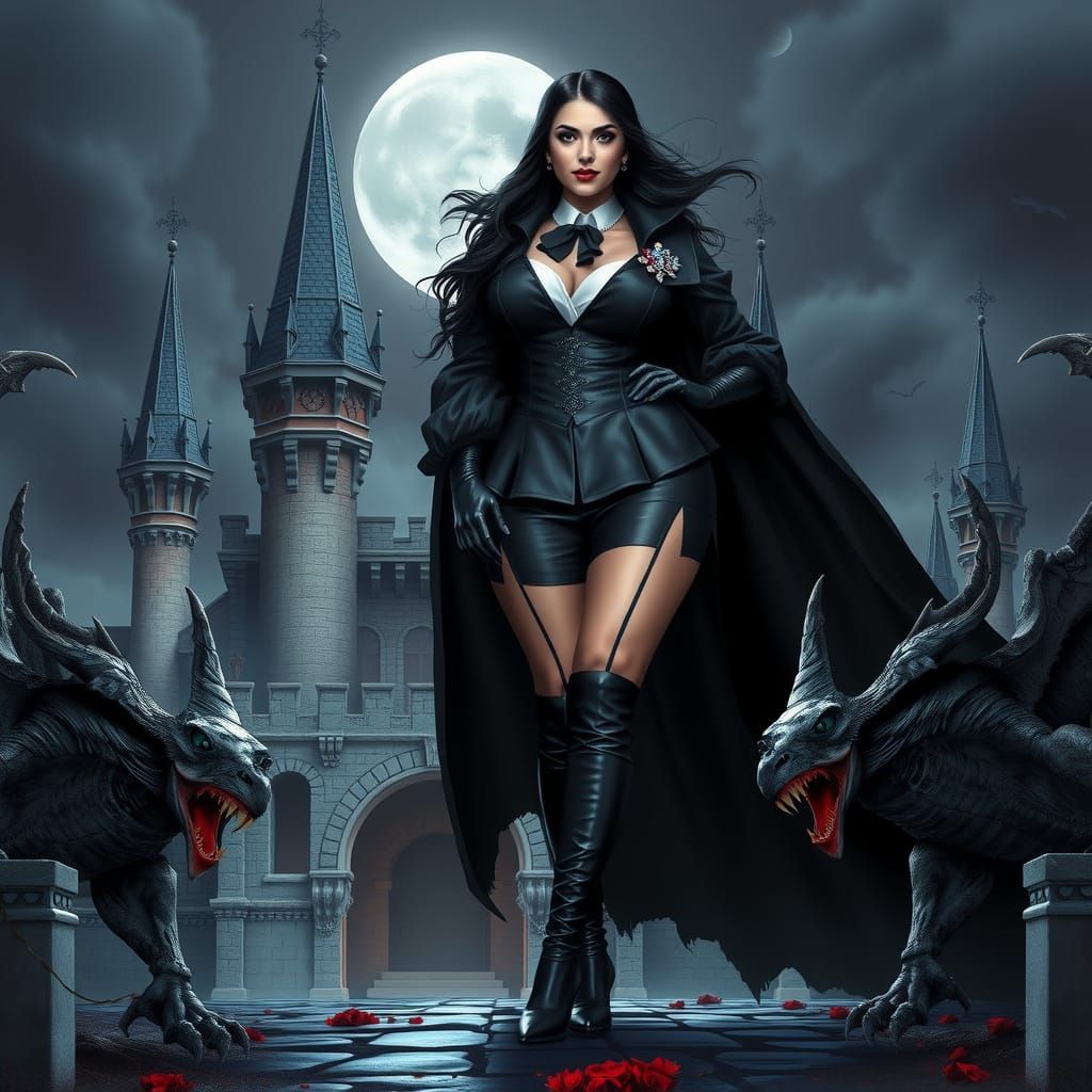 Gothic Vampire Countess in Black Tie Attire, Ready to Strike