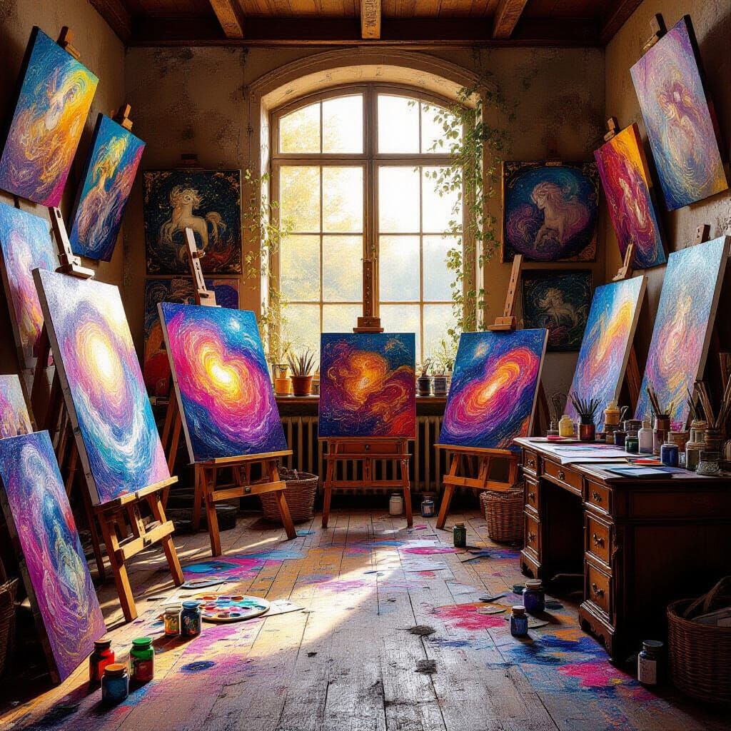 Magical Artist's Vibrant Studio in Golden Hour Light