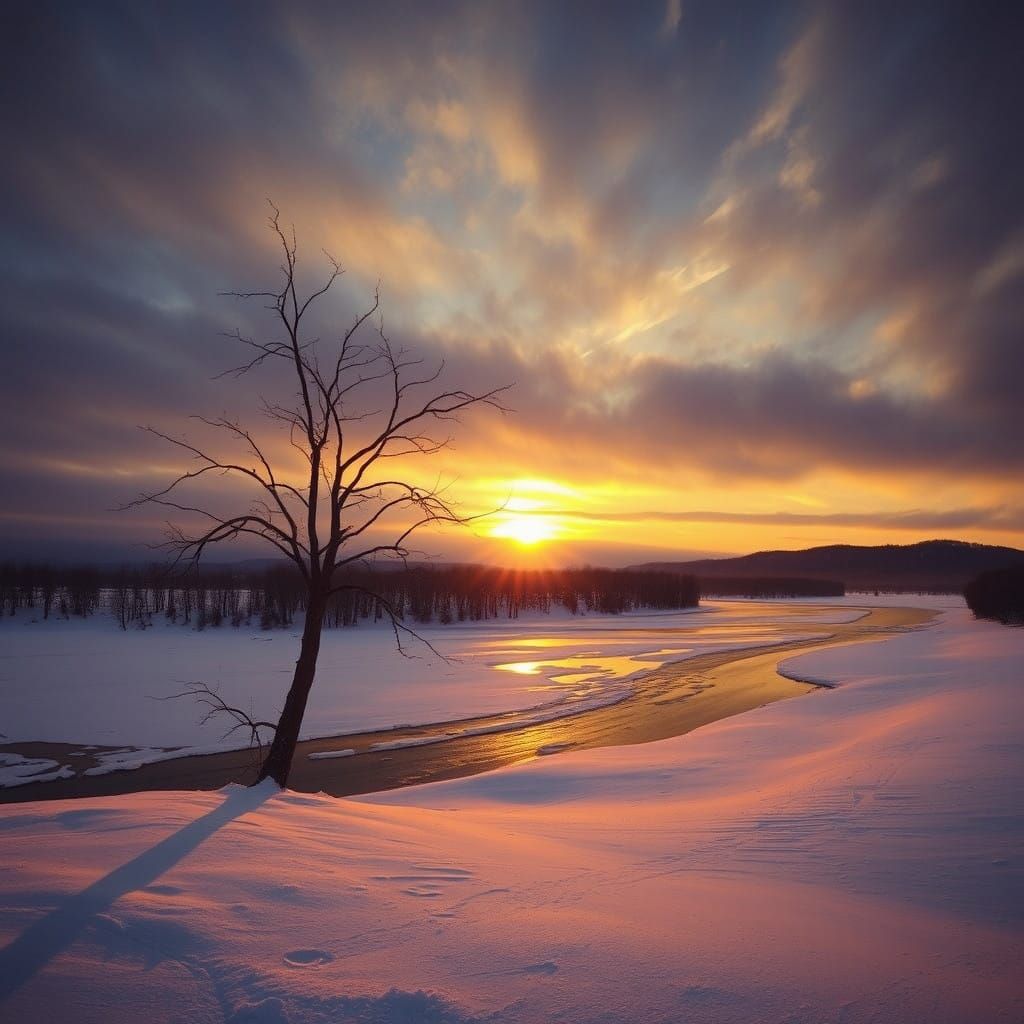 Winter Sunset with Lone Tree and Frozen River in a Serene La...