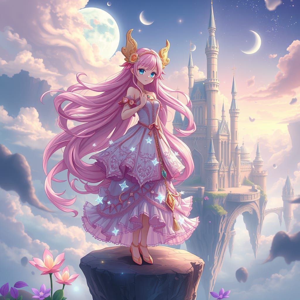Mystical Magical Girl Amidst Whimsical Floating Castle
