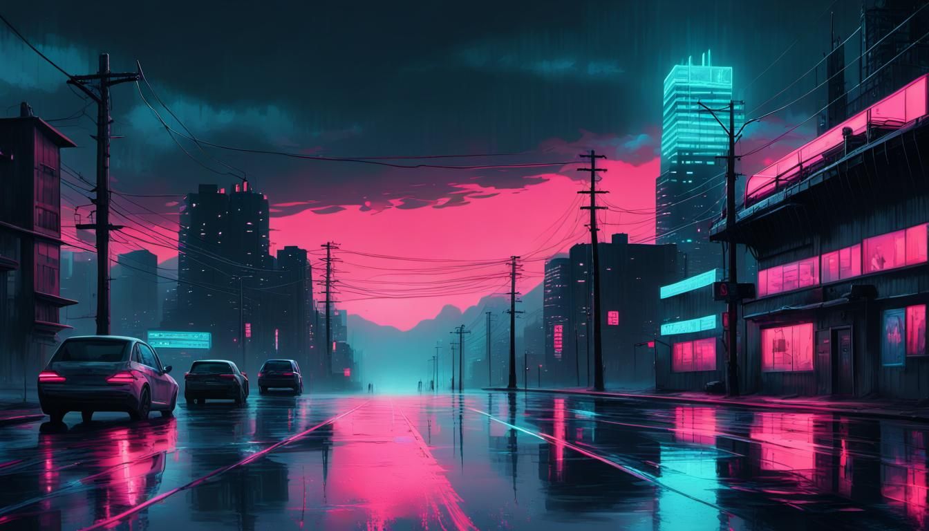 Dystopian Cityscape at Dusk in Film Noir Style