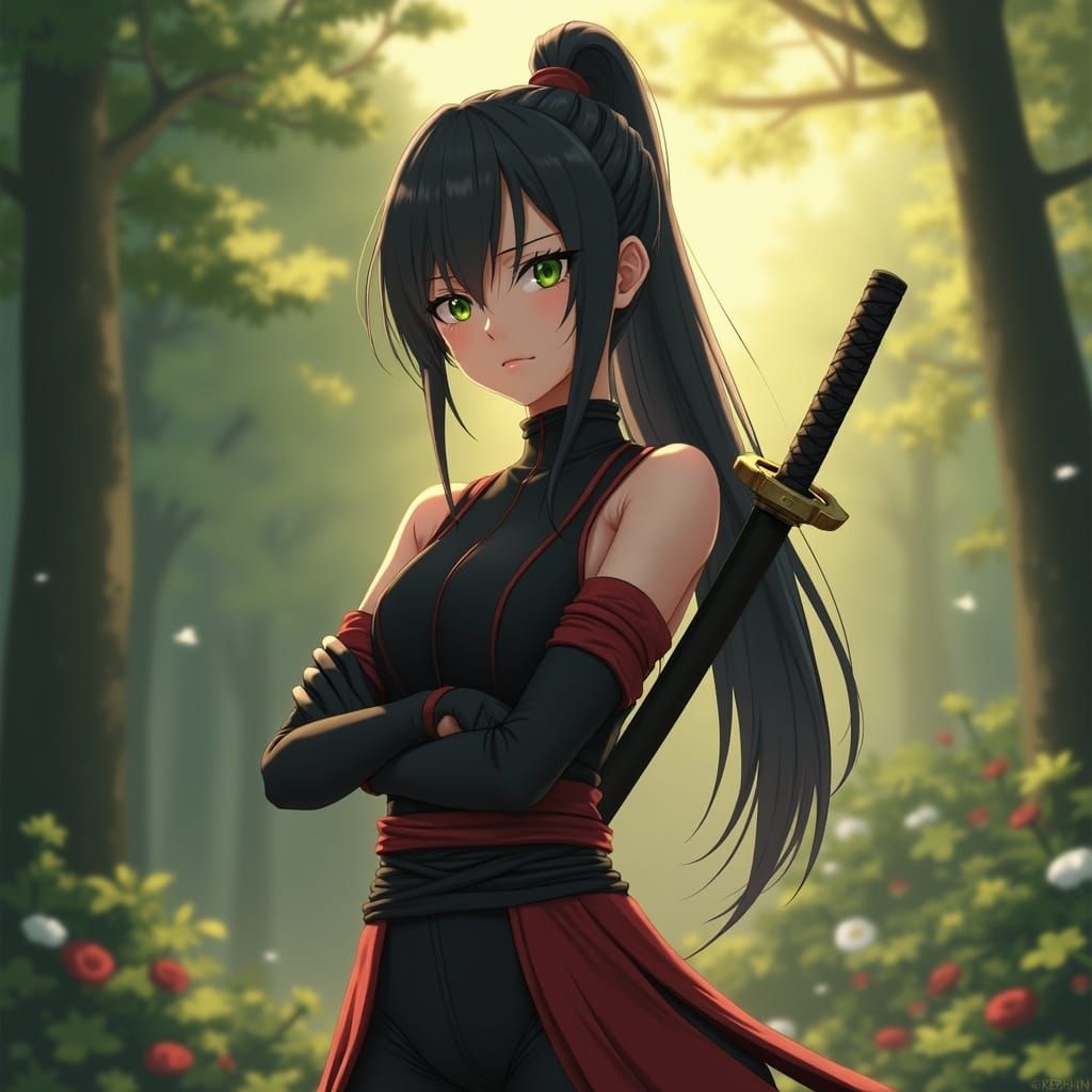 Confident Ninja Girl in Sunlit Forest, 3D Anime Art