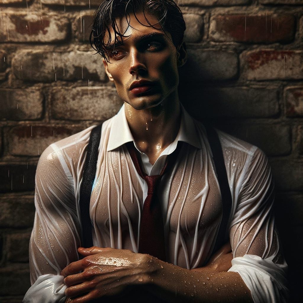 Rain-soaked Portrait of a Man Against Brick Wall