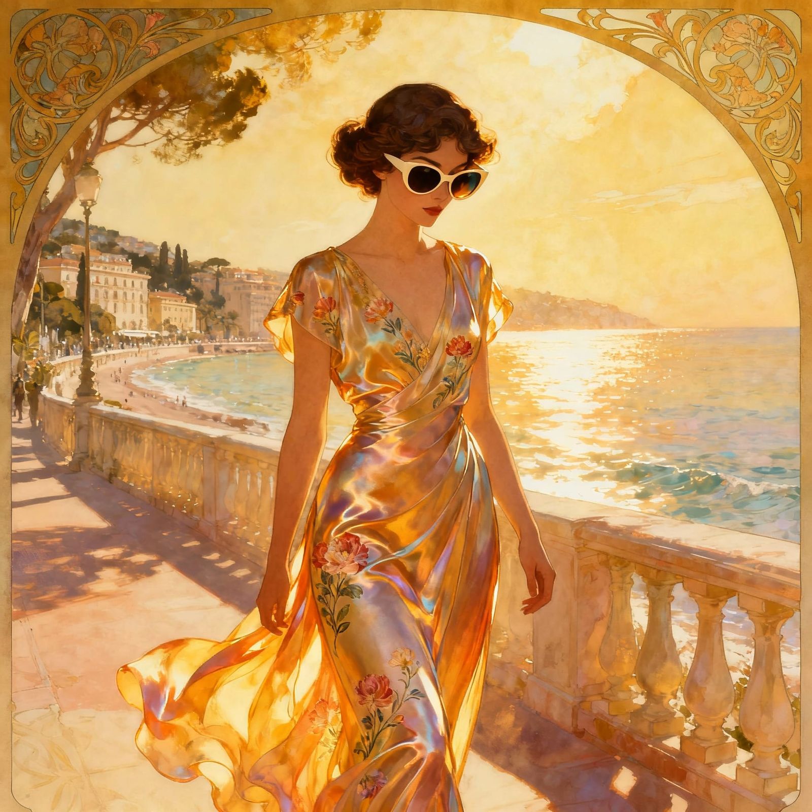 Elegant Woman on French Riviera in Silky Dress