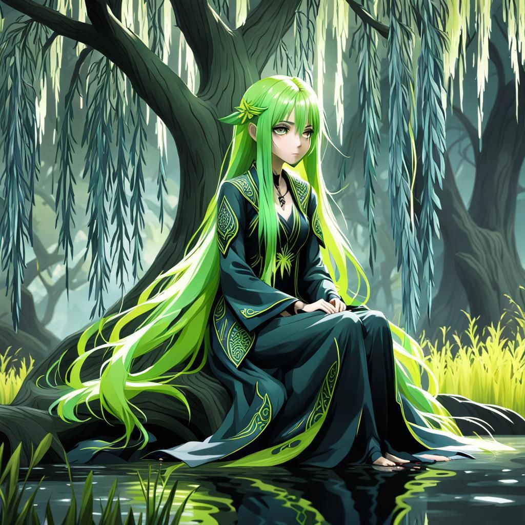 Anime Girl with Green Hair Under Weeping Willow
